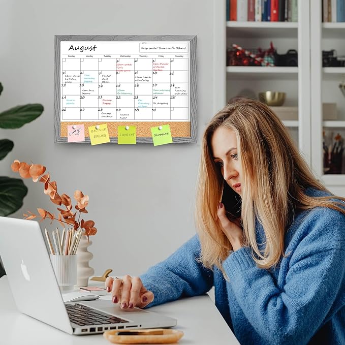 Calendar Whiteboard for Wall, Dry Erase Calendar Whiteboard Cork Board Combo, Magnetic Small White Board, Hanging Dry Erase Board for Kitchen Home Office (Graywashed)