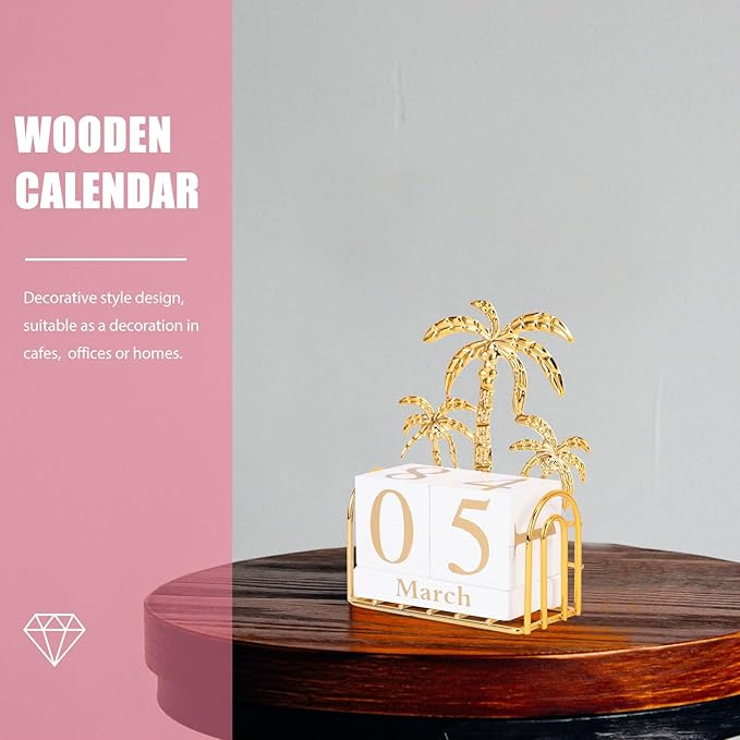 SUPVOX Wooden Block Calendar for Desk Daily Desktop Perpetual Calendar Wood Month Date Display Blocks Farmhouse Desk Accessories for Home Office Decor Reusable Yearly Coconut Tree Design