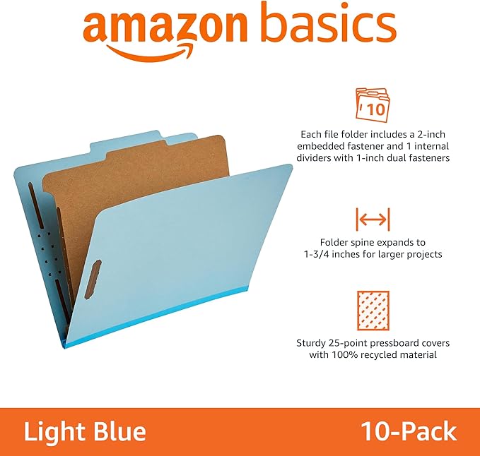Amazon Basics Classification Folder- 100% Recycled, 1 Divider, 2" Embedded, 10 Count per Box, 12.20 x 10.61 inch (Letter), Light Blue