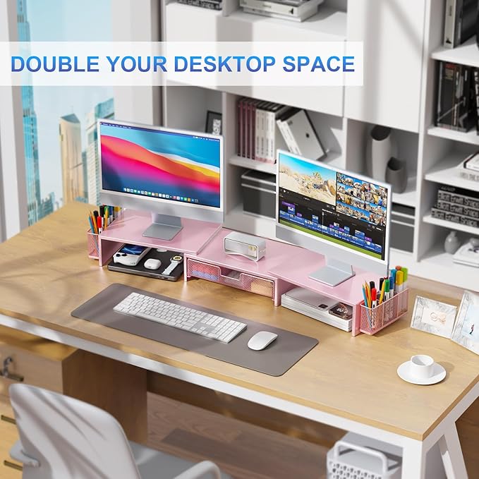 gianotter Dual Monitor Stand Riser, Desk Organizer With Drawer and 2 Pen Holders,Desk Organizers and Accessories, Pink Office Supplies (Pink)