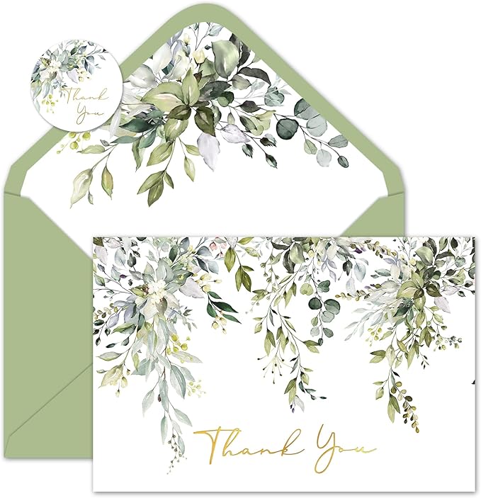 Whaline 50 Pack Greenery Thank You Cards Bulk Boxed Watercolor Eucalyptus Leaves Foil Gold Thank You Note Cards with Envelope Sticker for Thanksgiving Wedding