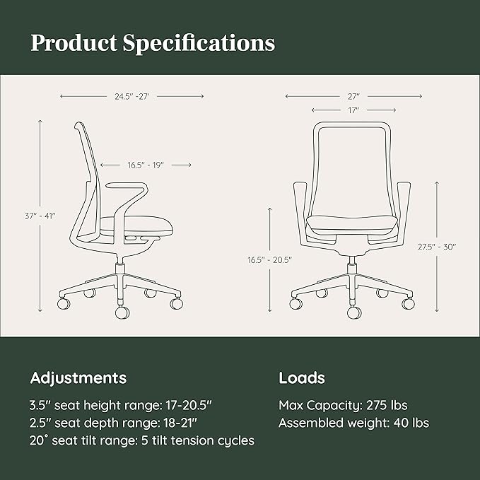 Branch Verve Chair - High Performance Executive Office Chair with Contoured Seat Back and Adjustable Lumbar Rest - High Density Foam Cushion with Aluminum Base - Up to 275 lbs - Wheat