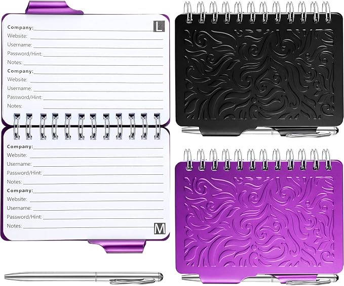 Zonon 2 Pcs Mini Password Book with Alphabetical Tabs Metal Password Keeper Book Portable Organizer Elegant Mandala Pattern Notebook with Pen, Spiral Bound for Information(Black, Purple)