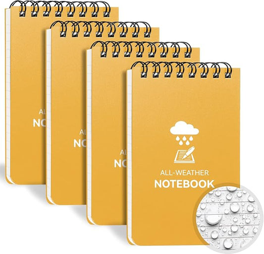 Waterproof Notebook, 4 Pack Top-Spiral Pocket Notepad, 3" x 5" Weatherproof NotePad, All Weather Police Pocket Notebook Little Memo Steno Note Pads for Outdoor Office School Recording, Black