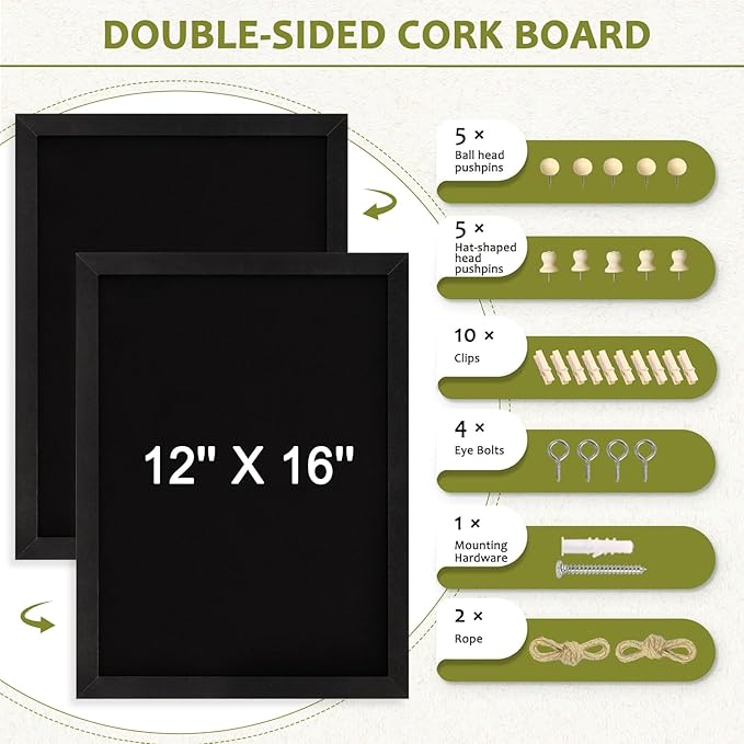 Double-Sided Black Cork Board with Linen, 16" x 12" Hanging Wood Framed Small Bulletin Board, Picture Display Vision Board Kit Corkboards for Wall Room School Office Decor, 20 Pushpins