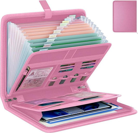 Fireproof Accordion File Organizer, Portable Expanding File Folder with Waterproof Zipper&Labels, Pink Document Organizer with 13 Pockets, File Organizer for Important Document/Paper Storage