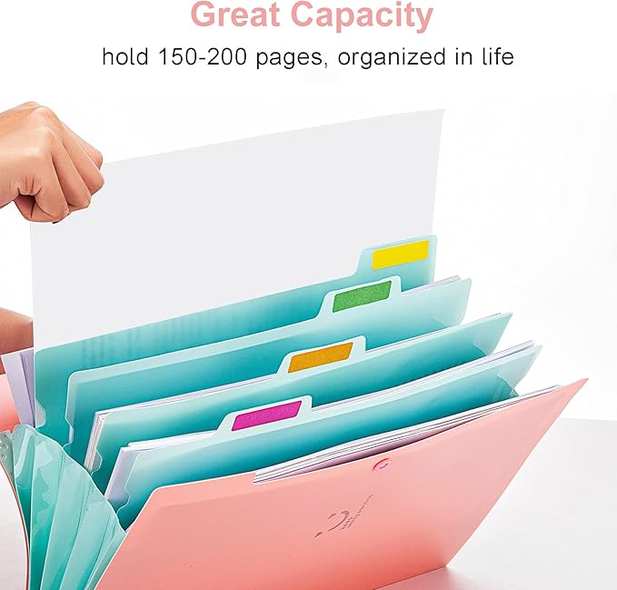 Forvencer Accordion File Organizer, Letter Size, 5 Pocket Expanding File Folder, Cute File Folder with Labels, Portable File Organizer for School Office Supplies, Folders for Documents, Pink