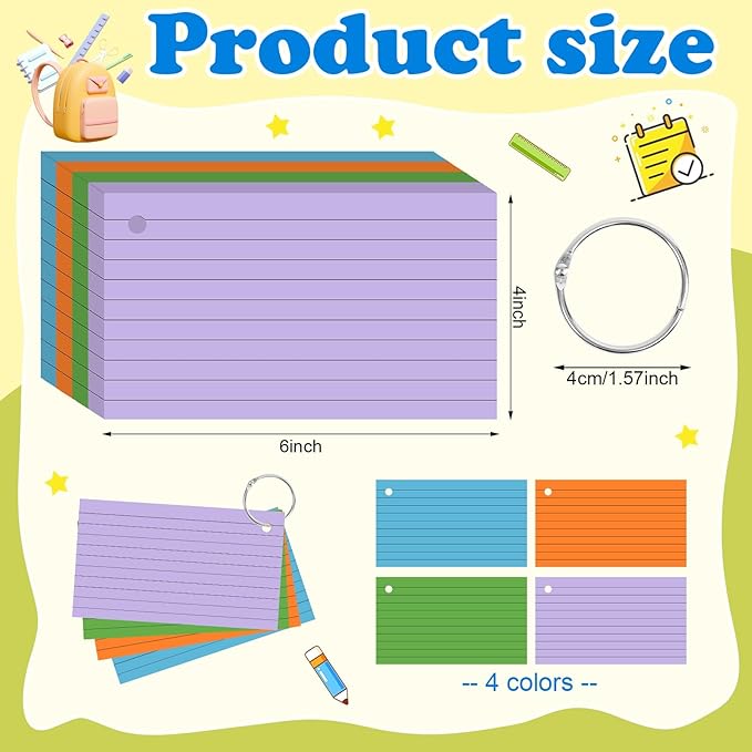 Colored Index Cards 3x5 Inches Flash Cards with Ring Lined Flashcards Heavy Note Cards for Studying School Supplies College, 200 Count