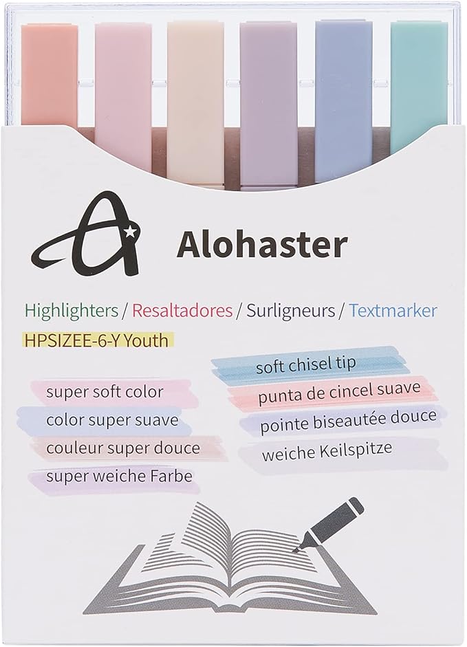 HPSIZEE Aesthetic Cute Highlighters Mild Assorted Colors With Soft Chisel Tip, No Bleed Dry Fast Easy to Hold, for Journal Bible Planner Notes School Office Supplies, 6 Pack - Youth