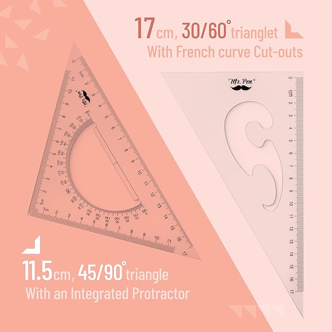 Mr. Pen- Triangle Ruler, 2 Pack, 17&11, 30/60 & 45/90, Right Triangle Ruler for Drawing, 30/60 Degree Triangle Plastic, 30 60 90 Triangle, Drawing Triangle Angle