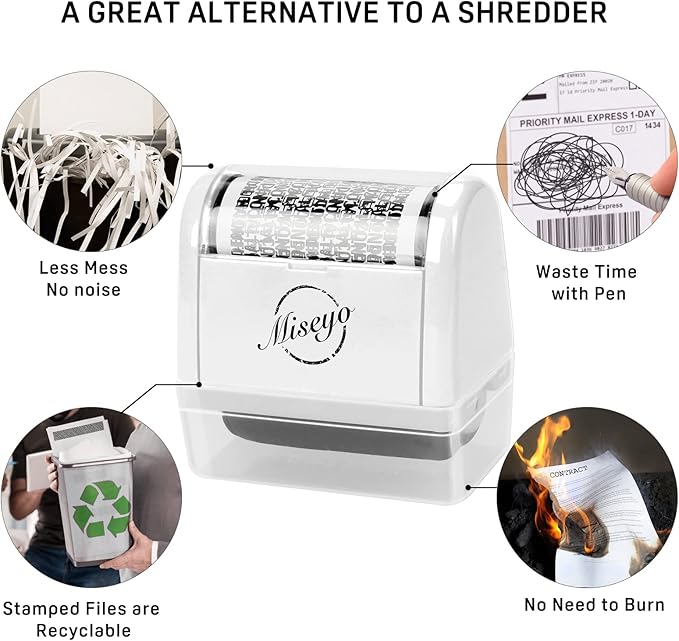 Miseyo Wide Identity Theft Protection Roller Stamp Set - White (3 Refill Ink Included)