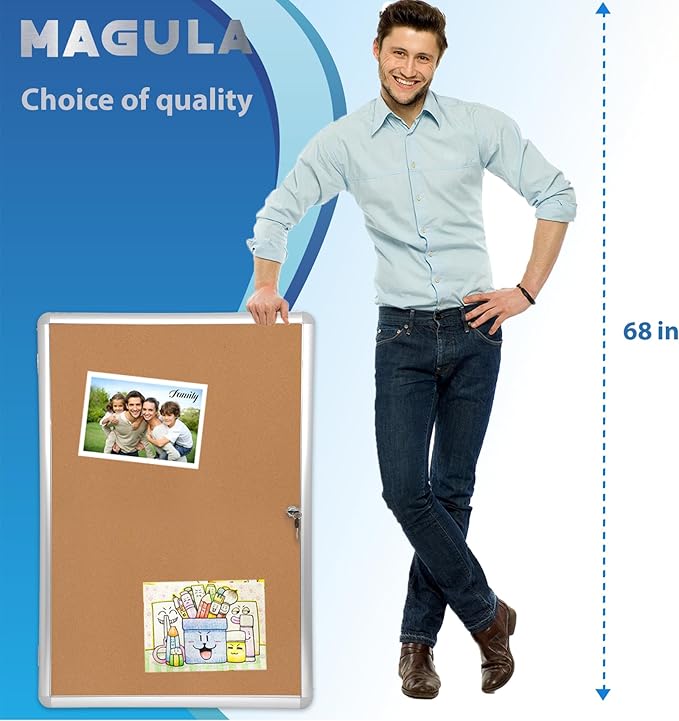 Magula 36"x24" Enclosed Cork Bulletin Board Tamper-Proof Dispaly Case, Aluminium Frame, Shatter Resistant Lockable Bulletin Board, Enclosed Cork Board for School, Office, Commercial, Hospital etc
