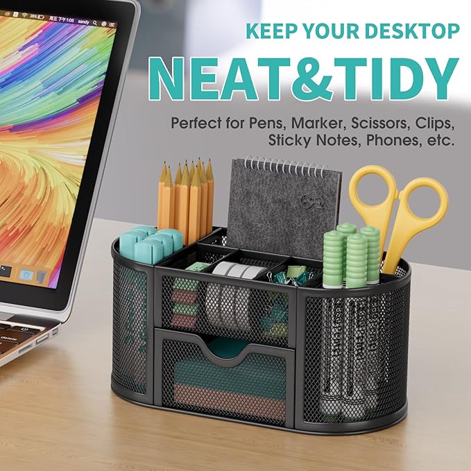 MaxGear Desk Organizer, Pencil Holder for Desk with Drawer, 9 Compartments, 8.75" x 4.5" x 4" Metal Mesh Stationary Organizer, Black Desk Caddy for Office, School & Home