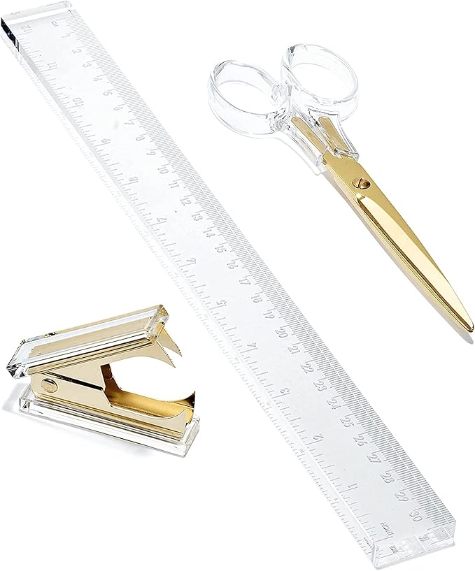 OfficeGoods 3 Piece Acrylic Desk Set - Includes Ruler, Staple Remover, Scissors - Functional & Elegant Desk Accessories - Stationary Tools for Home, Office, and School - Gold