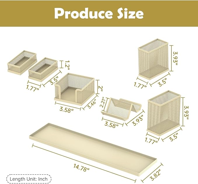 SUPEASY Pen Holder for Desk, 6 Piece Mesh Desk Organizer set, Desk Accessories for Office Organization with Mail Organizer, Letter Phone Holder, Sticky Notes Caddy Storage, Golden Yellow