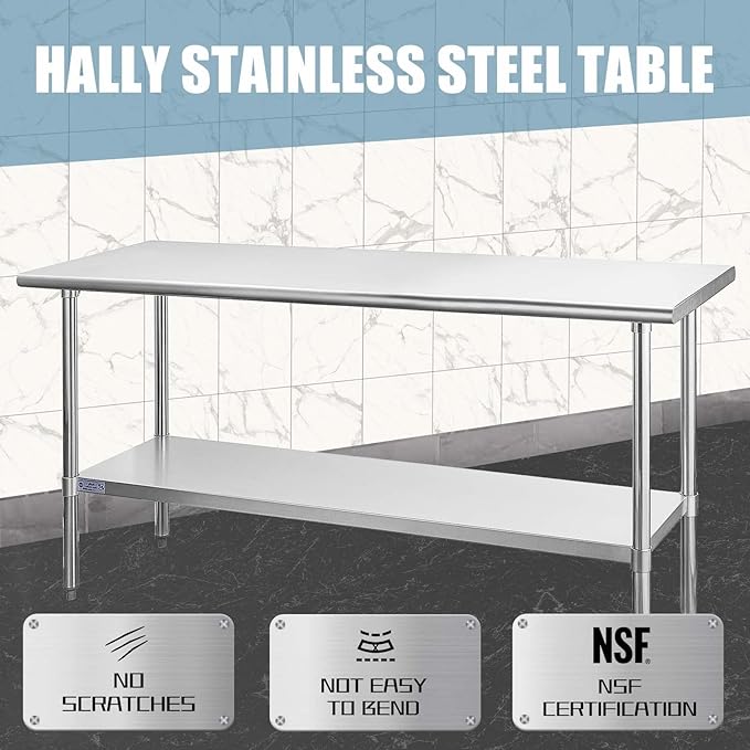 HALLY Stainless Steel Table for Prep & Work 24 x 72 Inches, NSF Commercial Heavy Duty Table with Undershelf and Galvanized Legs for Restaurant, Home and Hotel