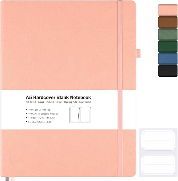 Blank Notebook, Hardcover Sketch Book, 8.5 x 5.5 Large Blank Journal, No Bleed Thick Paper Sketchbook for Drawing, Unlined Notebook Journal for Women Men School, A5 Leather Sketchbook, Lay Flat, Pink