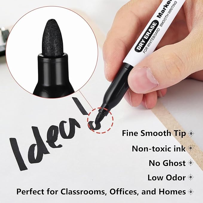 SFAIH Fine Tip Dry Erase Markers - 72 Pack Black Whiteboard Erasable Markers Bulk for Kids Adults, Ideal for Classroom School Office Home Use on White Board, Non-Toxic Easy Clean
