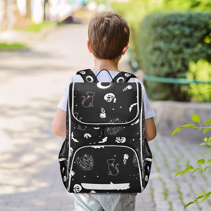 Goth Skull Cat Backpack with Reflective Strip for Kids Boys Girls Elementary School Bag Removable Chest Strap