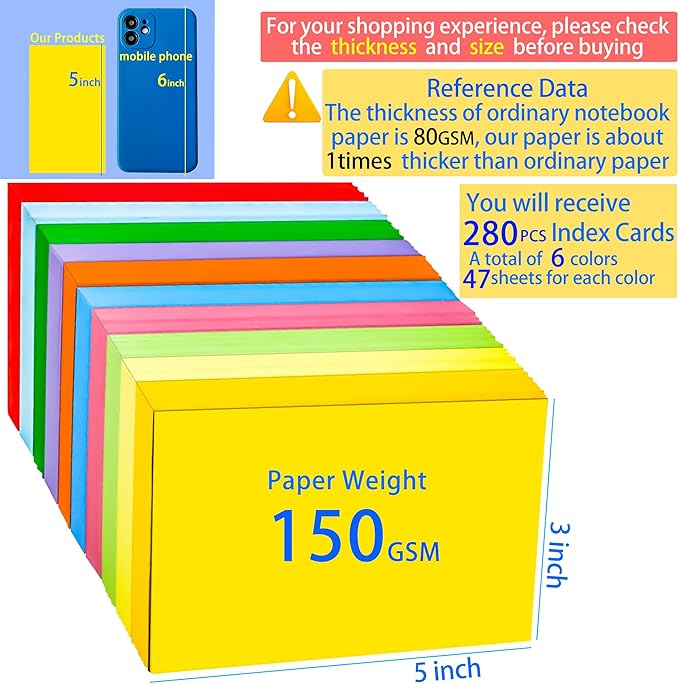 MotBach 280Pcs 3x5 Inch Blank Colorful Index Cards Colored Flash Cards, Assorted Neon Colored Notecards Study Cards, Index Flash Note Cards for Office Home School Learning Note Taking To Do List
