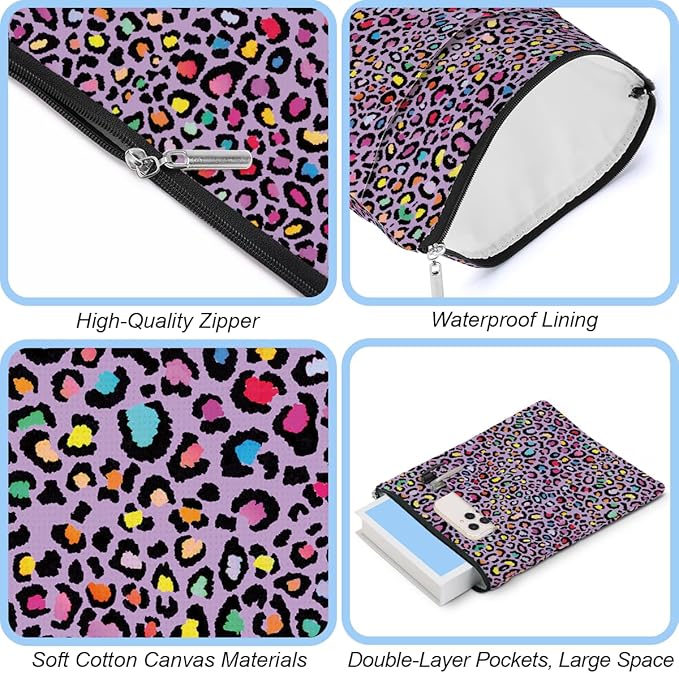2 Pack Rainbow Leopard Print Book Sleeve, Books Protector，Books Pouch， Book Lovers Gifts，Bookish Gifts Waterproof Cover with Zipper，Leopard Decor Gift Bag for Women Bestie Christmas Thanksgiving