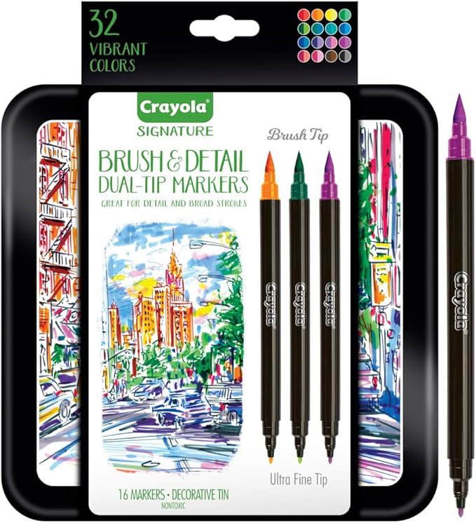 Crayola Brush & Detail Dual Tip Marker Set, 16 Markers, 32 Colors, Adult Coloring Markers, Gifts for Teens & Adults