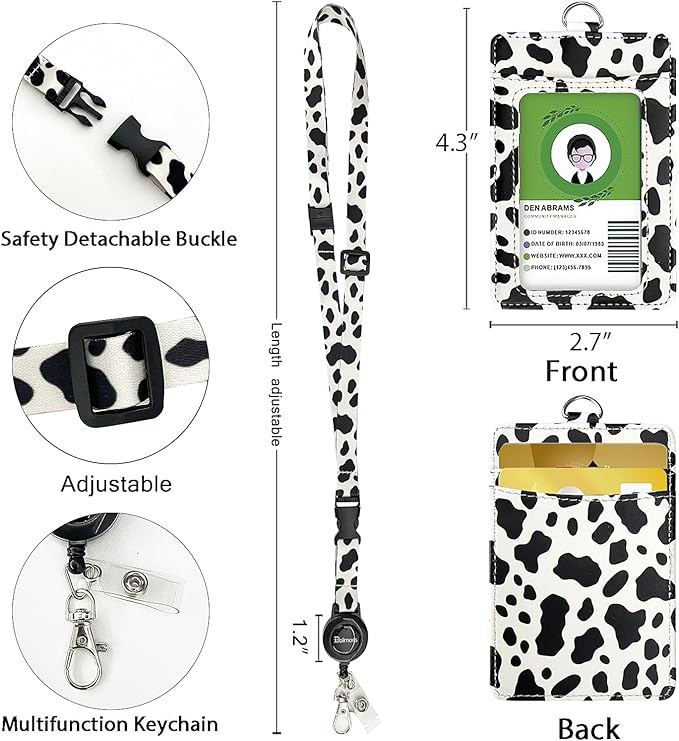 bolimoss Cow Print Lanyards for ID Badges Holder, Leather ID Name Badge Card Holder with Adjustable Retractable Lanyard,Quick Release Buckle & Safety Breakaway Lanyards with Swivel Metal Clasp