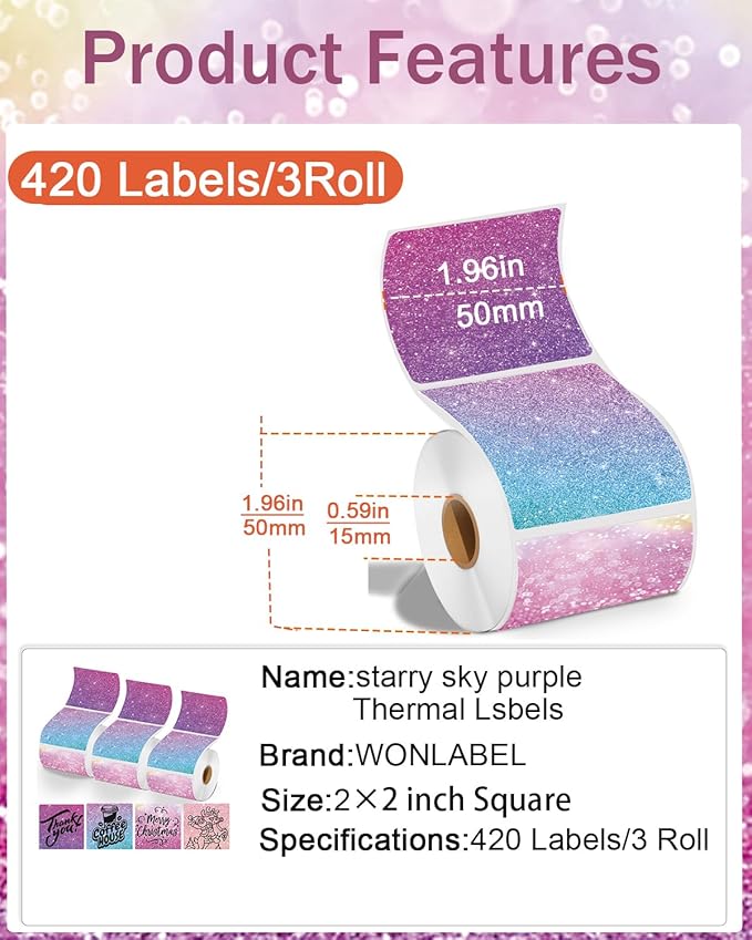 2inch Square Thermal Labels Self-Adhesive, 420 Sheets/3 Roll Printer Labels for Business and Home, Thermal Sticker for/Shipping/Packaging/DIY Logo Design/Thanks Card/Inventory