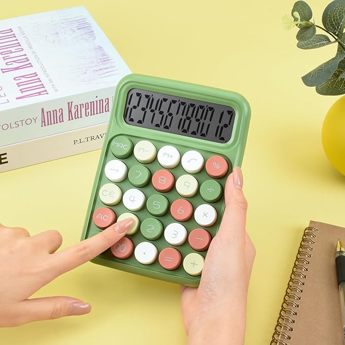 Desktop Mechanical Calculator, 12-Digit Large LCD Display Basic Standard Calculators with Cute Big Buttons, Desk Accessories, for Office Home School (Green)