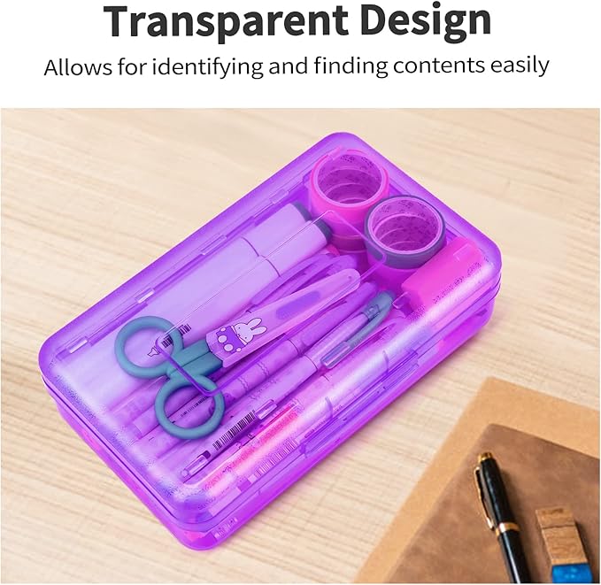 Sooez 3 Pack Pencil Case, Large Pencil Box Case, Clear Crayon Marker Box Bulk, Hard Plastic School Supplies with Snap-tight Lid, Stackable Storage Container Art Craft Organizer for Bead Pens