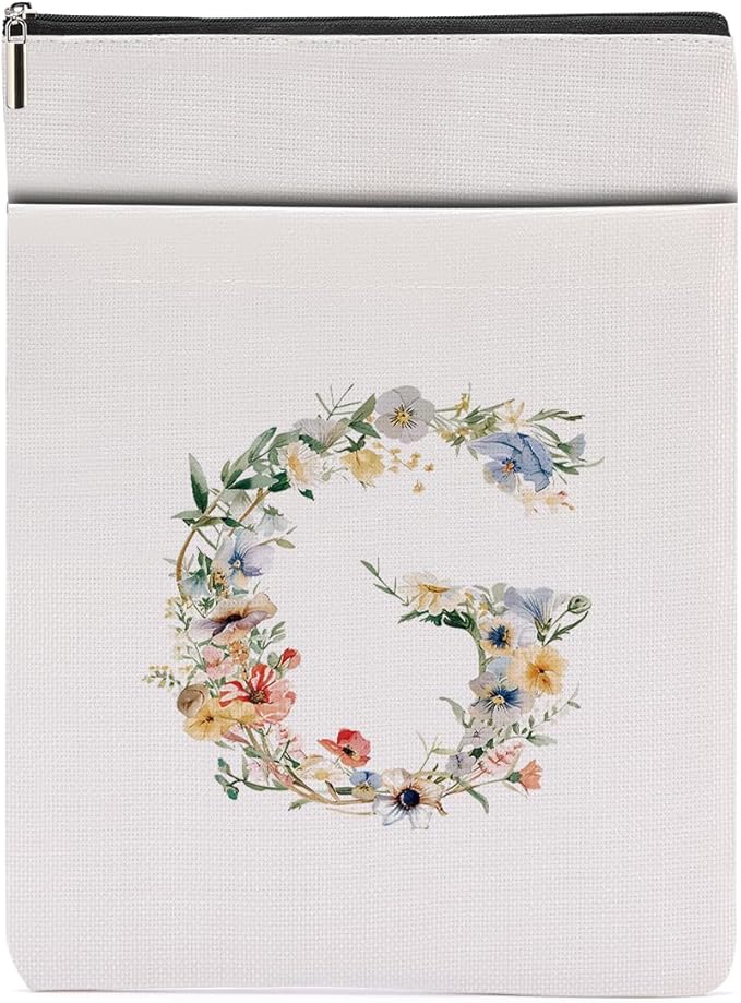 Monogrammed Book Sleeve Floral G Initial Book Pouch Book Accessories Book Lovers Gifts Waterproof Book Cover Book Protector Bookish Gifts Personalized Gifts for Women Girls Readers Bride Coworker