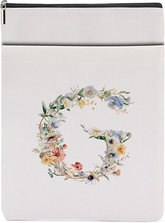 Monogrammed Book Sleeve Floral G Initial Book Pouch Book Accessories Book Lovers Gifts Waterproof Book Cover Book Protector Bookish Gifts Personalized Gifts for Women Girls Readers Bride Coworker