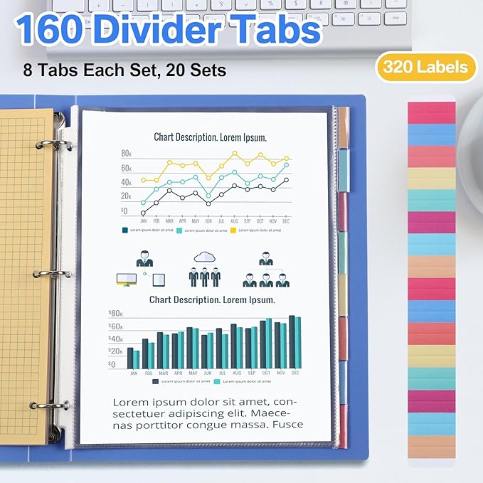 ReliThick 6 Set of 48 Pack Clear Binder Sheet Protectors with 8 Tabs Sturdy Binder Sheet Protectors for 3 Ring Plastic Page Insertable Index Divider, 8.5 x 11 Inch