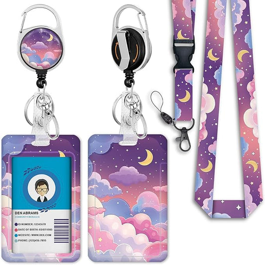 Giancomics Lanyards for Id Badges, Colorful Clouds ID Badge Holder with Retractable Reel, Lanyard with Keychain Clip Name Tag Cute Card Holder for Teacher Women Work Office