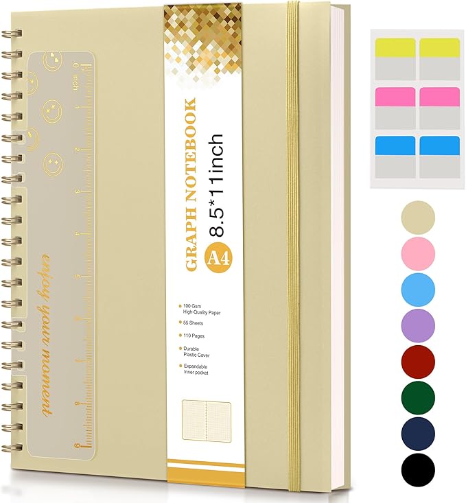 Graph Paper Notebook, Spiral Notebook Journal 8.5” x 11”, A4 Large Grid Notebooks for Women Men, 100 GSM Graph Paper, Plastic Hardcover Spiral Graphing Journals for Work School Engineerin, Yellow