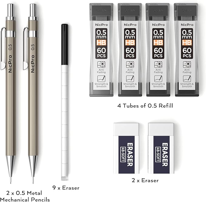 Nicpro 2 PCS 0.5 mm Metal Mechanical Pencils Set, Drafting Pencil for Artist Writing, Sketching, Drawing, with 4 Tubes HB Lead Refill & Erasers, Erasers Refills & Storage Case