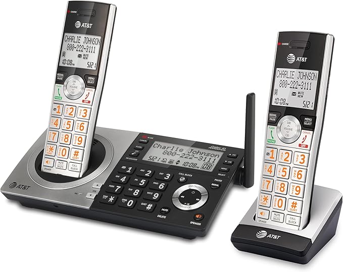 AT&T CL83207 DECT 6.0 Expandable Cordless Phone with Smart Call Blocker, Silver/Black with 2 Handsets