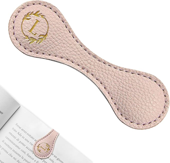 ABTOLS Magnetic Leather Initial Bookmarks, Vintage Initial ID Identification Book Marker Clip Gift Pink Capital Letter Book Markers for Book Lover Avid Readers (L)