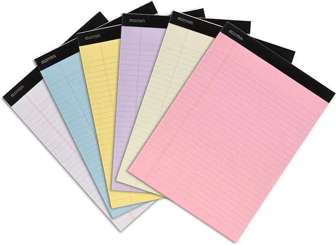 Mintra Office Legal Pads, ((Basic 6pk - (Pastel Version #2), 8.5in x 11in, Wide Ruled)), 50 Sheets per Notepad, Micro perforated Writing Pad, Notebook Paper for School, College, Office, Work
