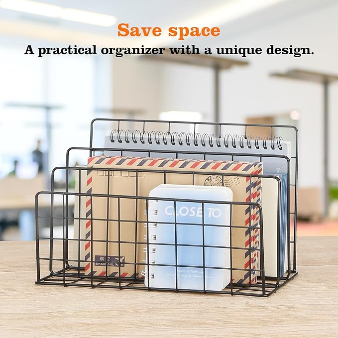 3 Slot Metal Desk Mail Organizer, Mesh Small Large File Magazine Book Record Holders Letter Organizer, Bill/Document/Filing/Folders/Paper Organizer for Desktop (Black-Large)