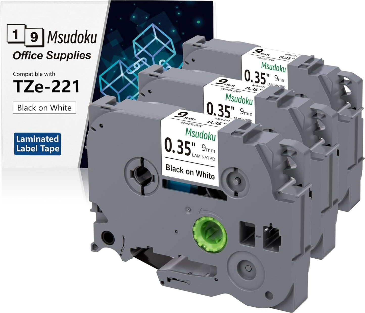 Tze Tz Tape 9mm 0.35 Laminated White Compatible for Brother P Touch Label Maker Tape TZe-221 TZe221 Label Tape for PT D200 D210 D220 D400 Cube, Black on White, 3/8 Inch x 26.2 Feet, 3-Pack