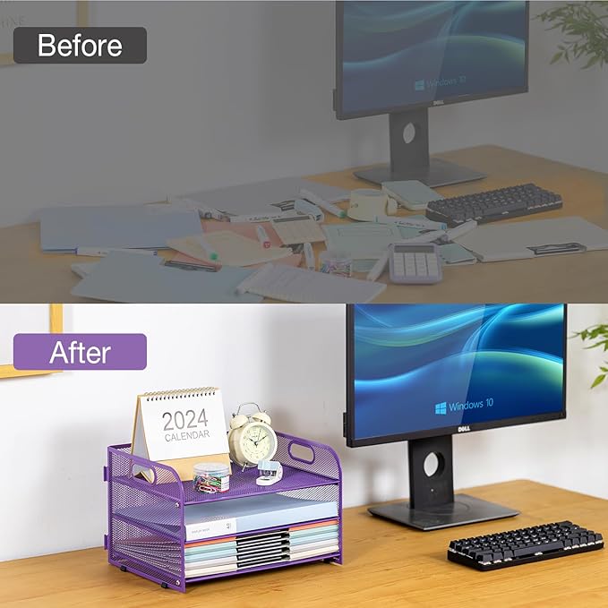 3-Tier Letter Tray Paper Organizer with Handle,Compact Mesh Desk File Organizer for Home Office Supplies Desktop Accessories,Purple