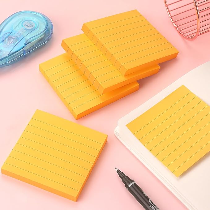 Lined Sticky Notes 3x3 Sticky Notes with Lines Self-Stick Notes Bright Color 4 Pads 90 Sheets/Pad (Orange)
