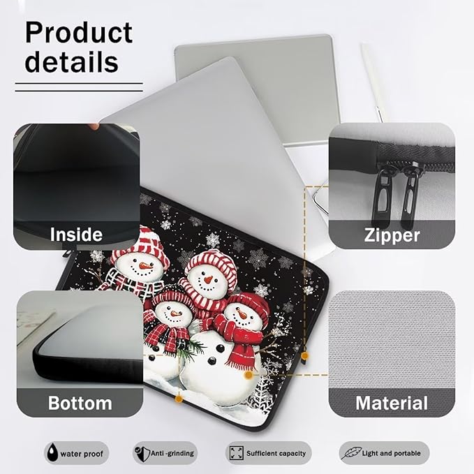 Snowman Family Laptop Sleeve for Women Men Laptop Protector with Multiple Uses Computer Carrying Case 15 inch Christmas Tablet Bag Lap Top Case Xmas Laptop Protector