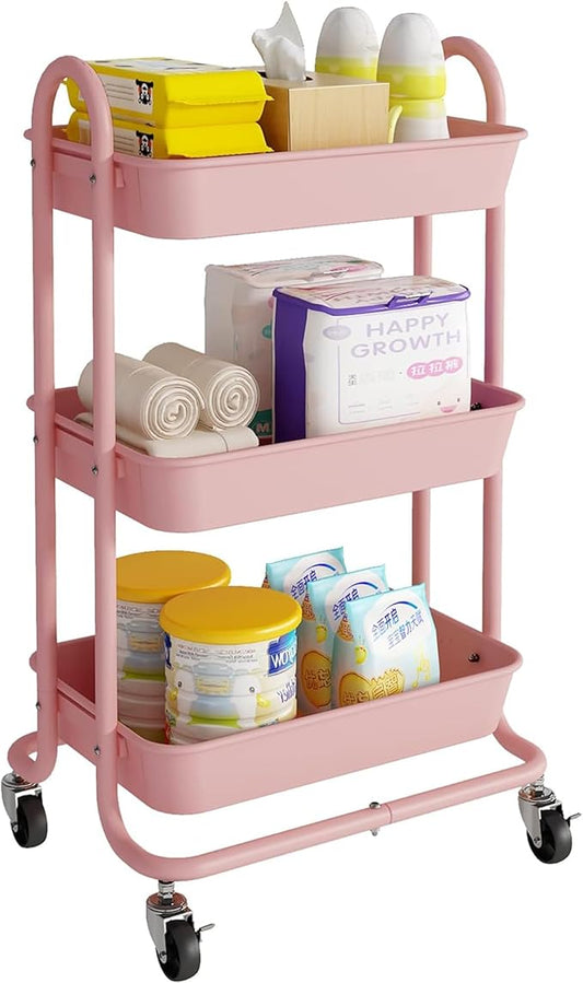 3-Tier Pink Utility Rolling Cart,Kitchen Storage Carts with Wheels,Pink Metal Rolling Cart for Office,Home,Kitchen,Garden（18"x11.4"x31.2"） Pink
