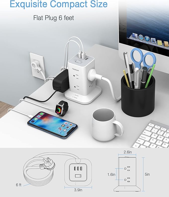 Tower Power Strip with 6 Feet Extension Cord, 8 Outlets 3 USB Chargers, 1700 Joules Surge Protection, Extension Cord with Multiple Outlets, 1875W, Office Supplies, Dorm Essentials, Charging Station