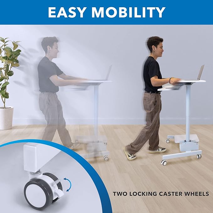 Mount-It! Mobile Rolling Small Table, Height Adjustable up to 43" Computer Desk with Wheels, Medical Nurse Hospital Workstation, Printer CPU Shelves, White Office Portable Computer Cart Keyboard Tray
