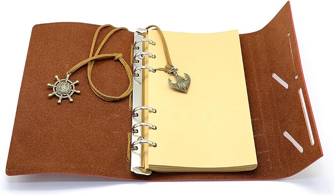 EvZ Leather Writing Journal Notebook, 7 Inches Vintage Nautical Spiral Blank String Diary Notepad Sketchbook Travel to Write in, Unlined Paper, Retro Pendants, Classic Embossed, Brown