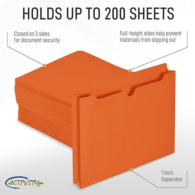 Orange File Jackets, 1 Inch Expansion, Letter Size, Reinforced Straight-Cut Tab, 6 Pack