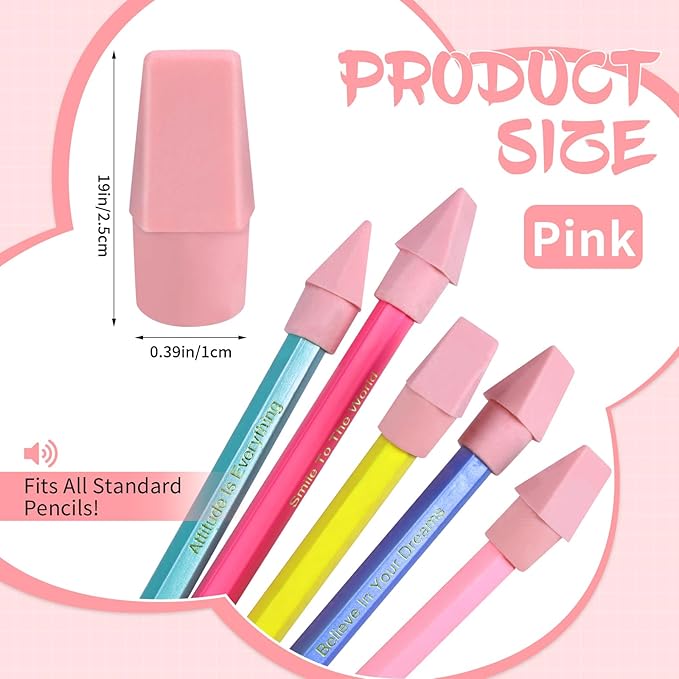 400PCS Pencil Top Eraser Bulk Caps for Pencils,Chisel Shape Erasers Toppers Assorted Colors for Party Favors Games Prizes, Pencil Top Erasers Cap for Home School Classroom Office, Pink